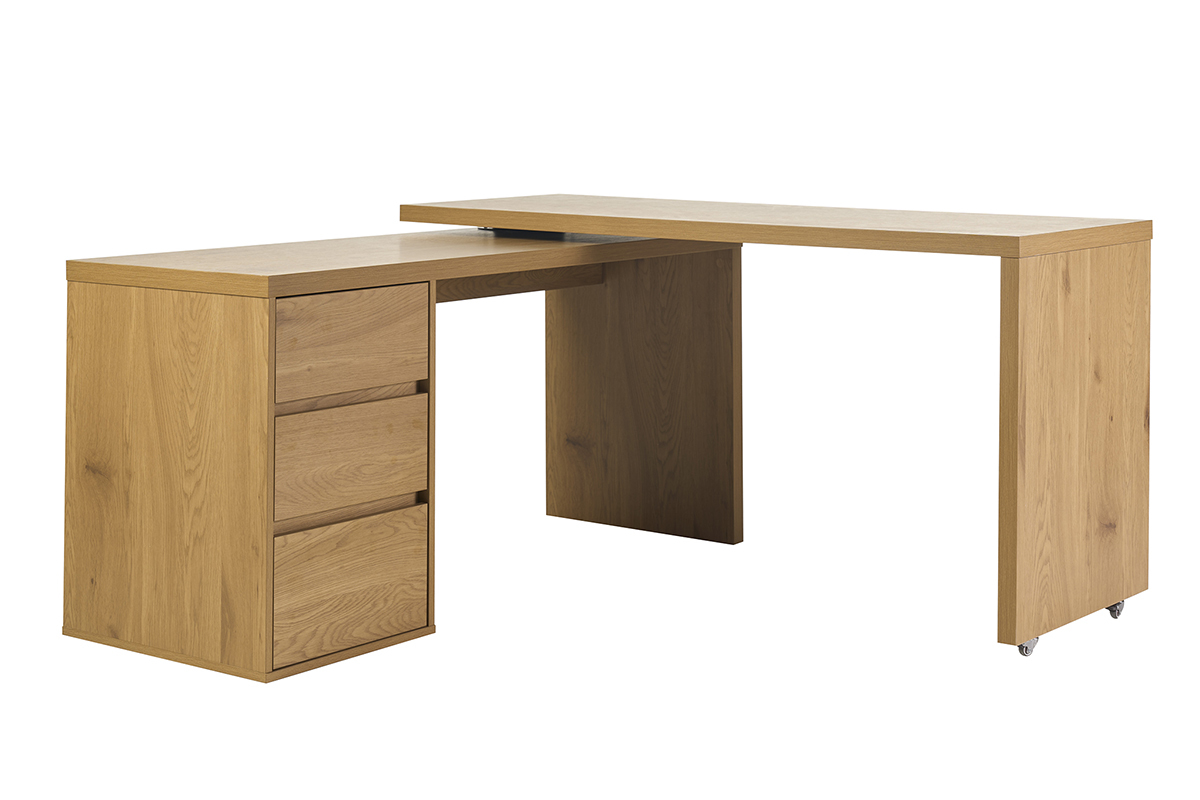 Bureau modulable avec rangements en finition bois clair ch�ne, vue de 3/4.