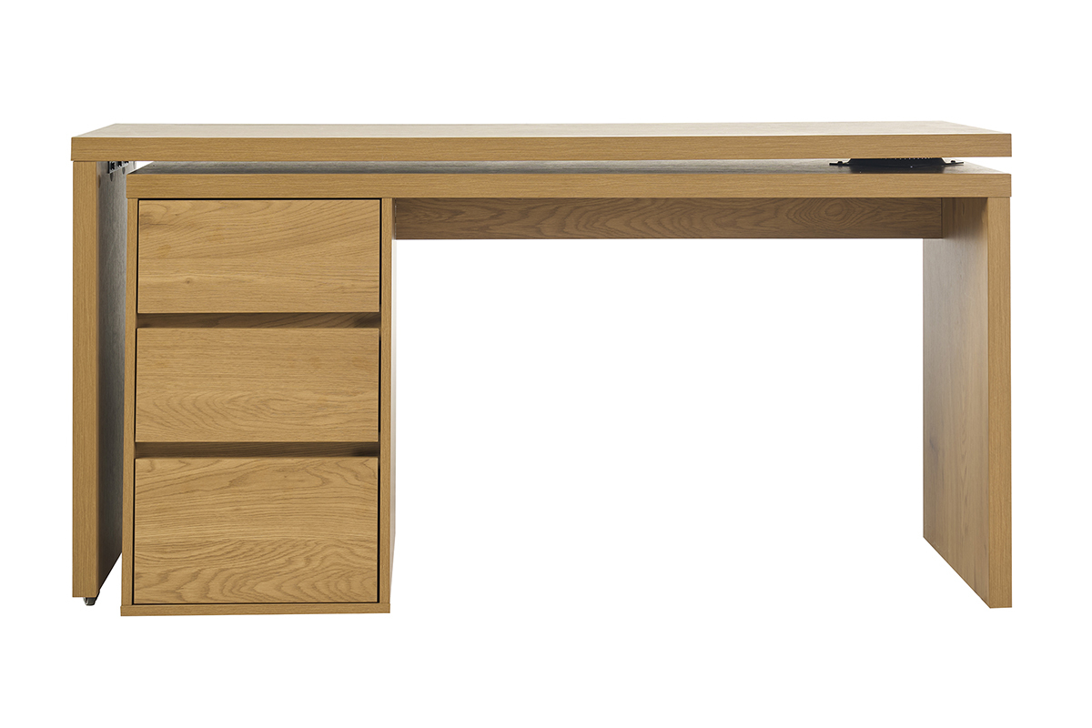 Bureau modulable en finition bois clair ch�ne avec 3 tiroirs, vue de face.