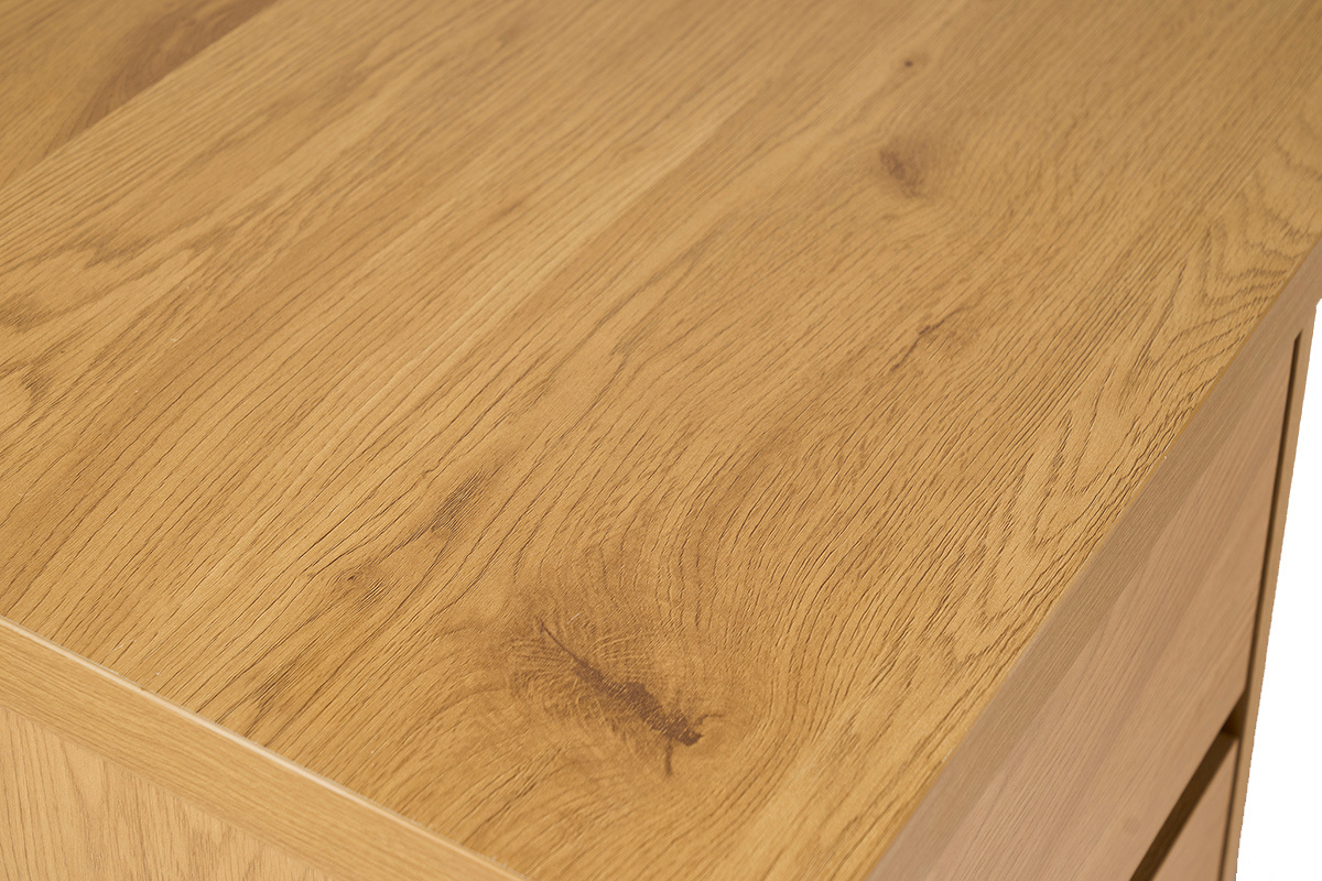 Plan de travail d'un bureau modulable en bois clair avec trois tiroirs, finition ch�ne