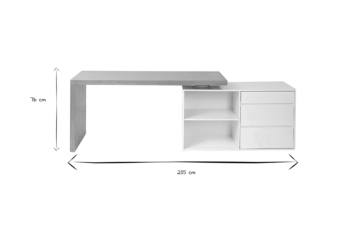Dimensions du bureau modulable en noir et blanc, 76 cm de hauteur, 235 cm de largeur.