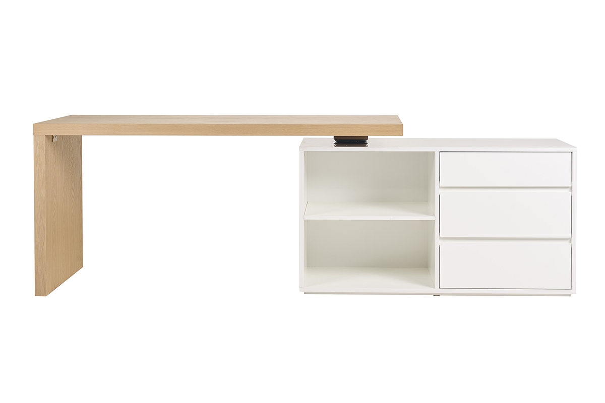 Bureau modulable NEW MAX bois clair et blanc, avec niches et tiroirs, modules align�s.