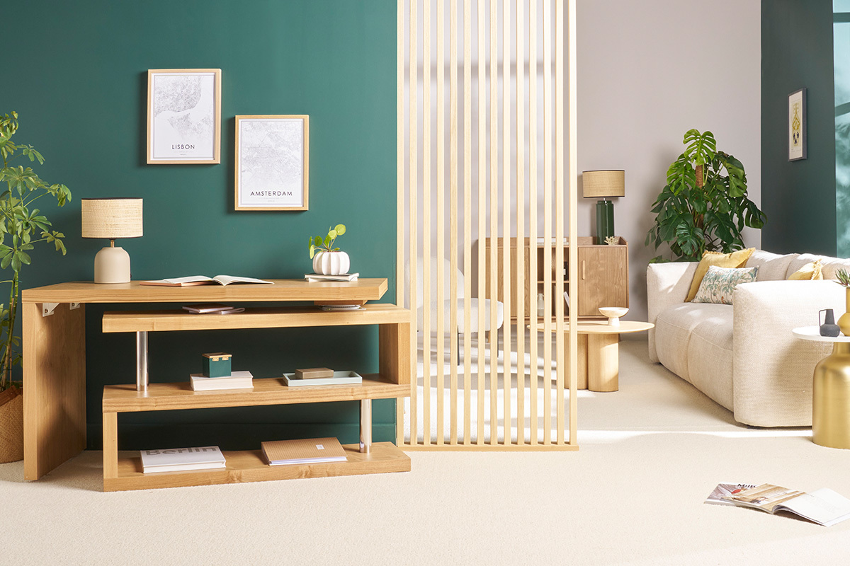 Bureau modulable design en bois clair ch�ne L140-214 cm MAX