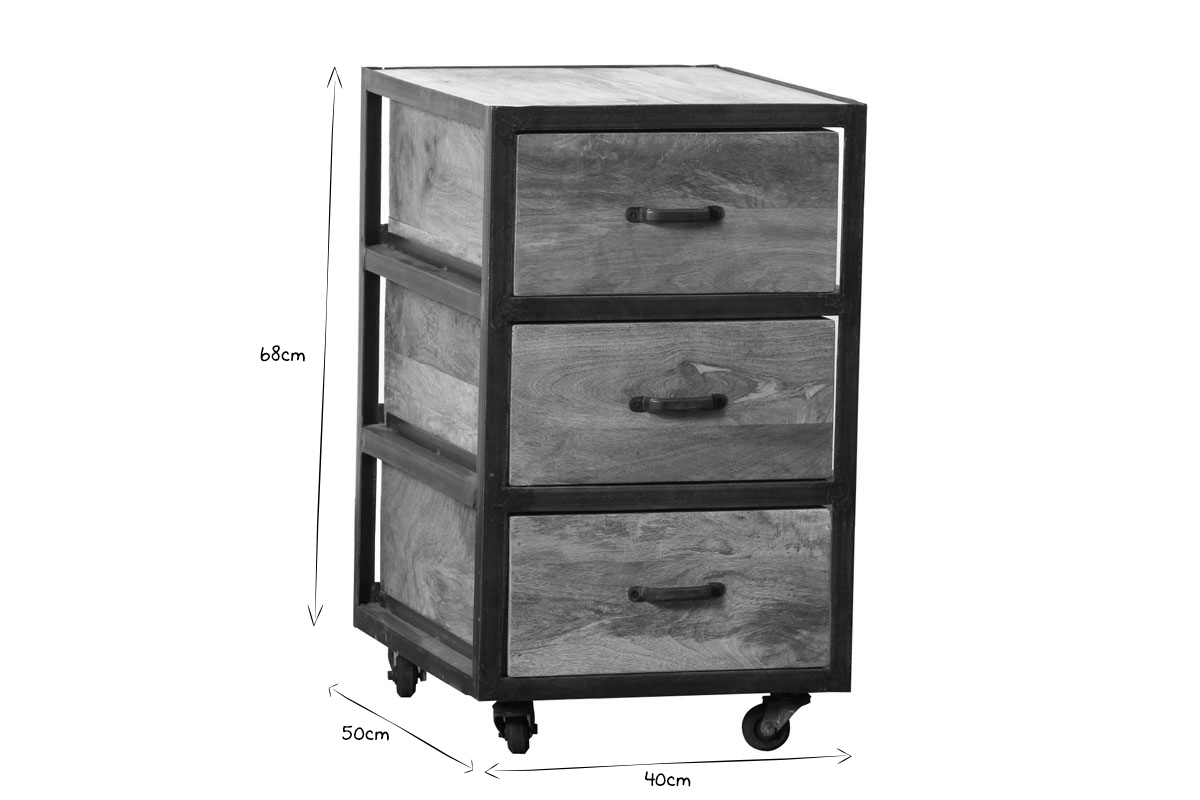 Caisson de bureau � roulettes 3 tiroirs industriel bois massif et m�tal noir INDUSTRIA