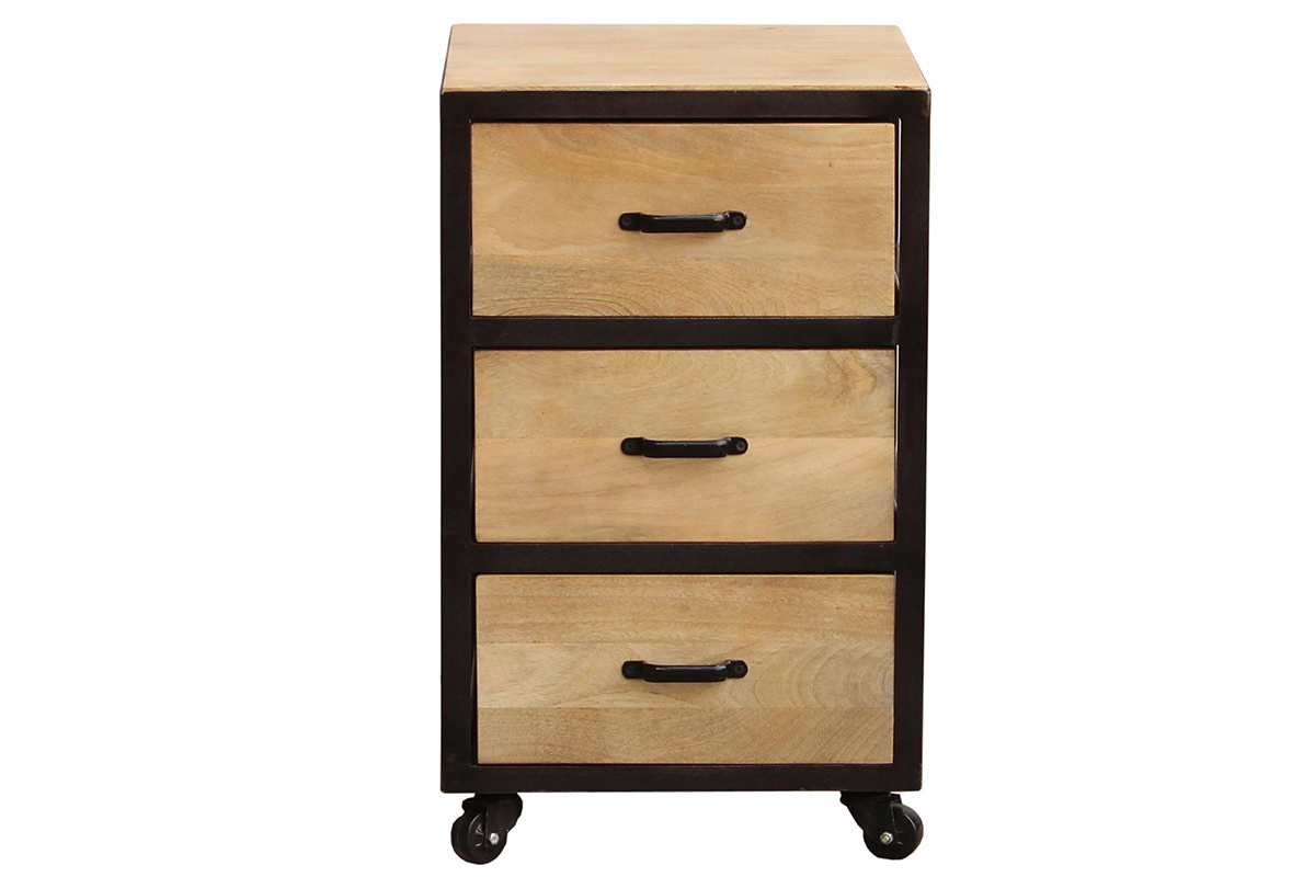 Caisson de bureau � roulettes 3 tiroirs industriel bois massif et m�tal noir INDUSTRIA
