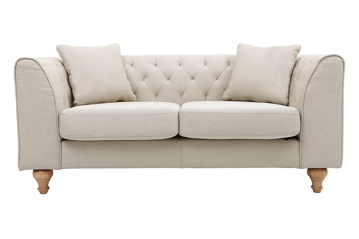 Canap� 2 places capitonn� beige avec accoudoirs, vue de face, pieds en bois.