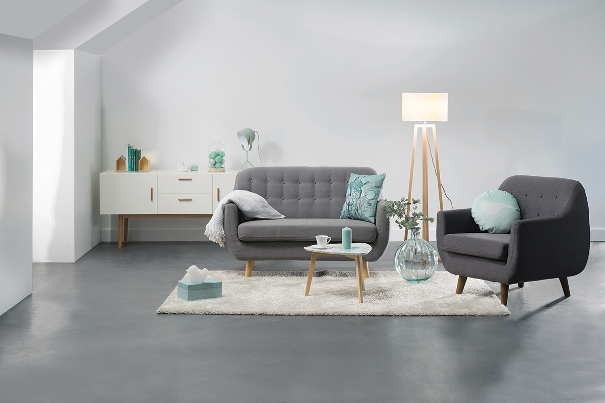 Canap� 2 places design d�houssable en tissu gris et pieds bois YNOK