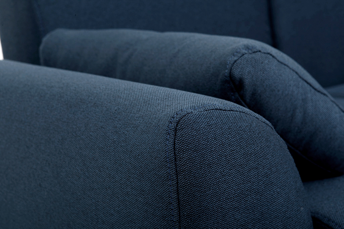 Canap� 2 places en tissu bleu fonc� et bois fonc� EKTOR