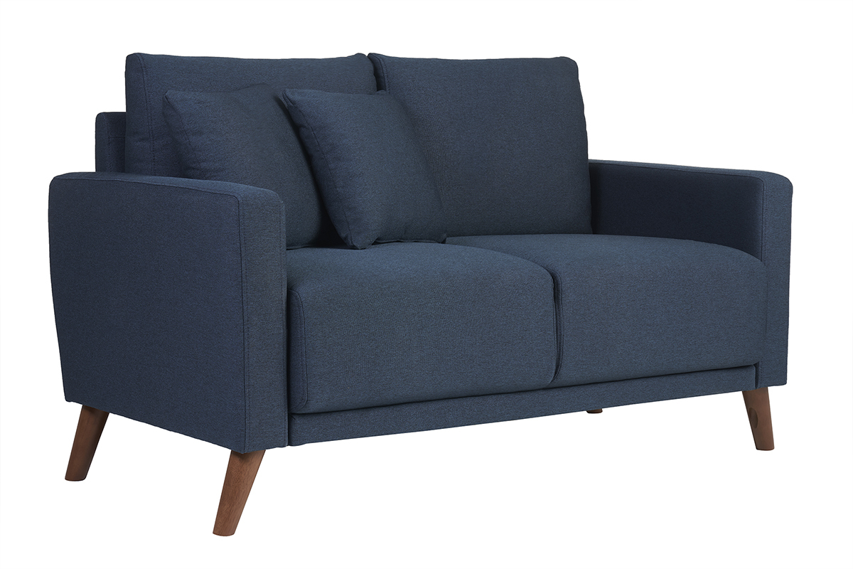 Canap� 2 places en tissu bleu fonc� et bois fonc� MUNIK
