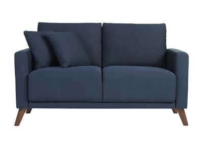 Canap&eacute; 2 places en tissu bleu fonc&eacute; et bois fonc&eacute; MUNIK
