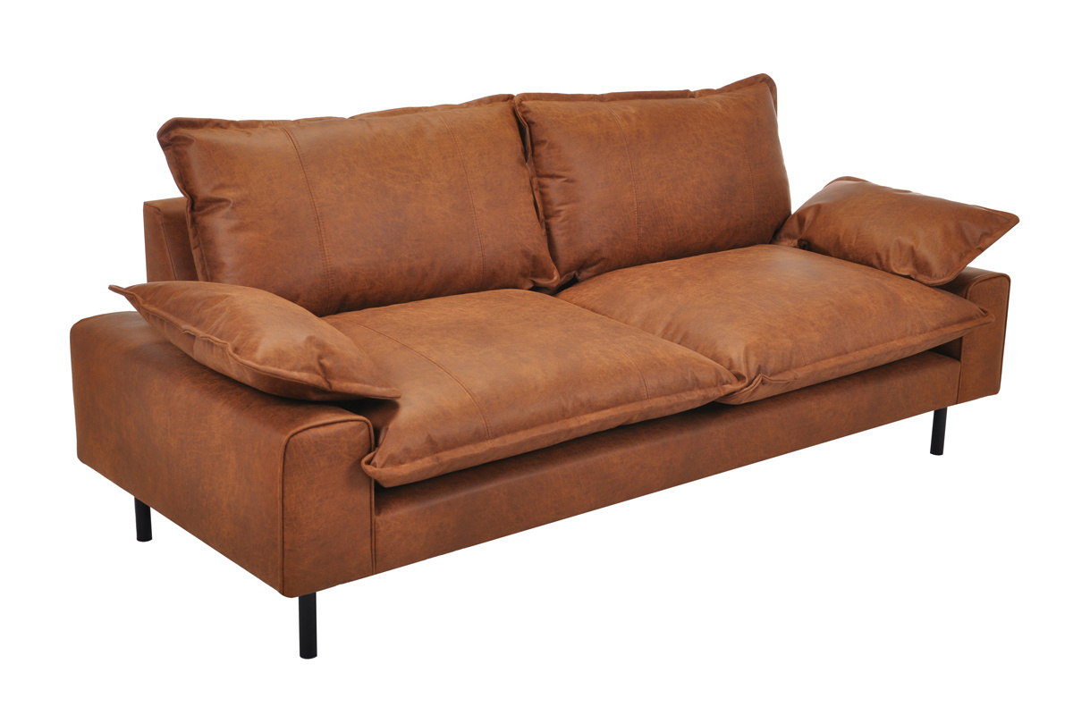 Canap� 3 places en cuir aspect vieilli marron cognac et m�tal noir DORY
