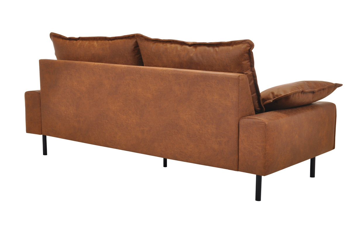 Canap� 3 places en cuir aspect vieilli marron cognac et m�tal noir DORY