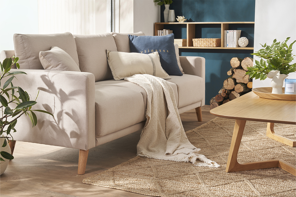 Canap� 3 places en tissu beige et bois clair MUNIK
