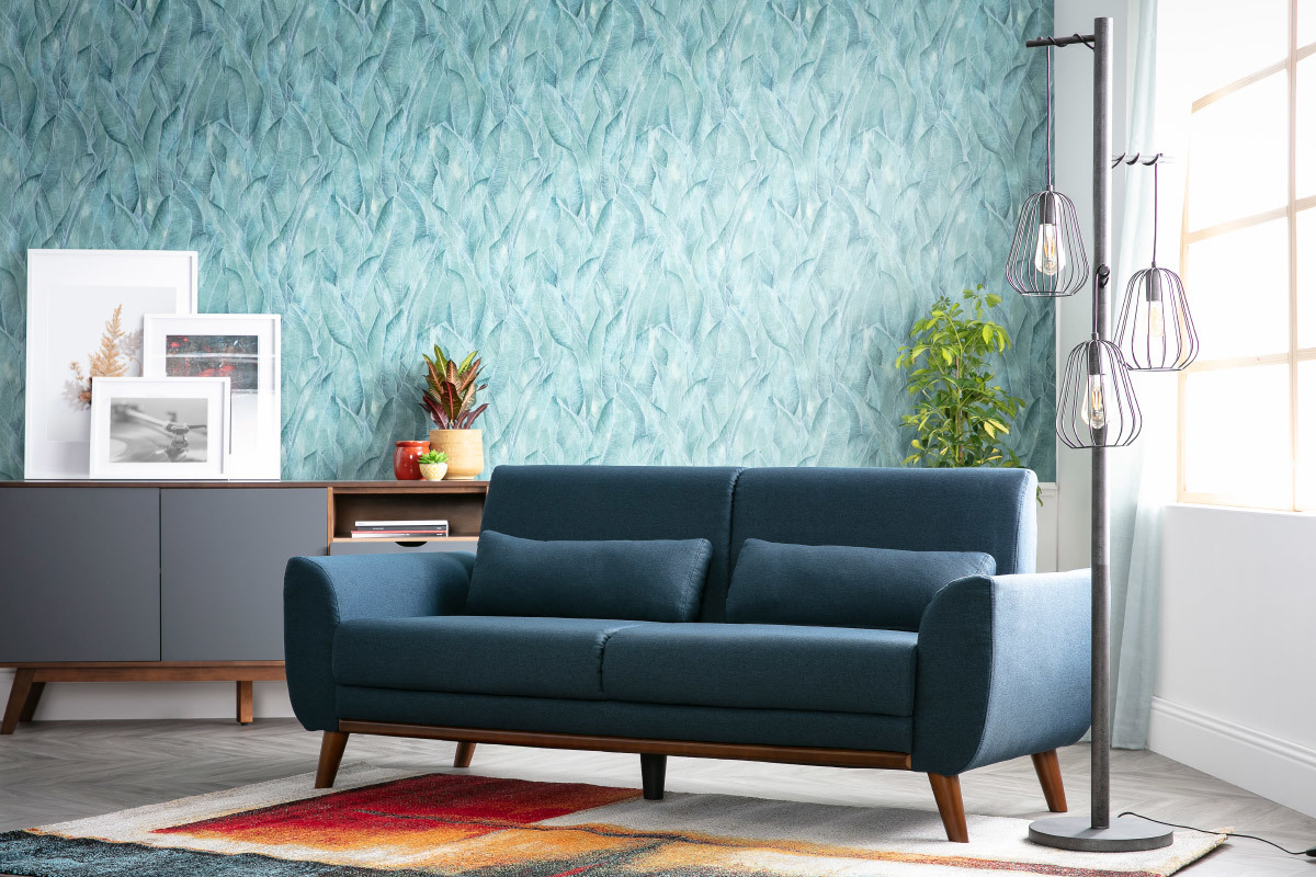 Canap� 3 places en tissu bleu fonc� et bois fonc� EKTOR
