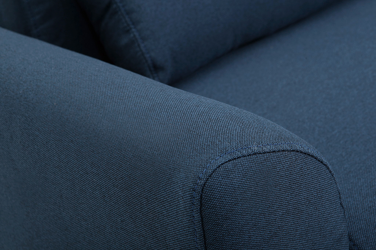 Canap� 3 places en tissu bleu fonc� et bois fonc� EKTOR