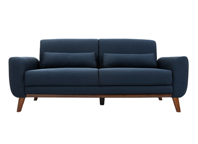 Canap&eacute; 3 places en tissu bleu fonc&eacute; et bois fonc&eacute; EKTOR