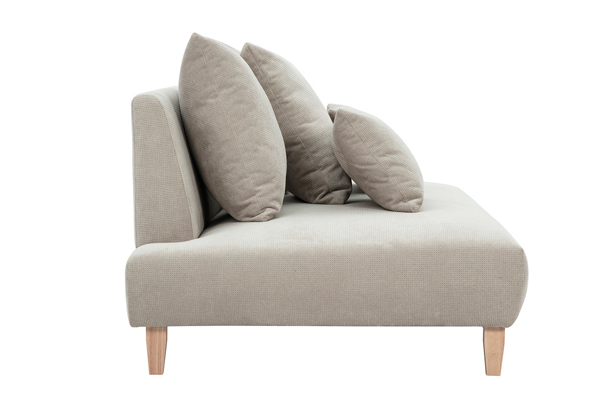 Canap� 3 places beige en tissu chenille avec pieds en bois clair, vue de c�t�.