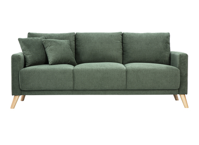 Canap&eacute; 3 places en tissu chenille vert kaki et bois clair MUNIK