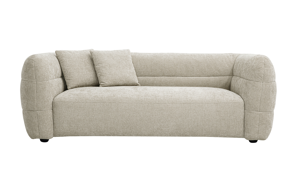 Canap� 3 places en tissu velours beige, vue de face.