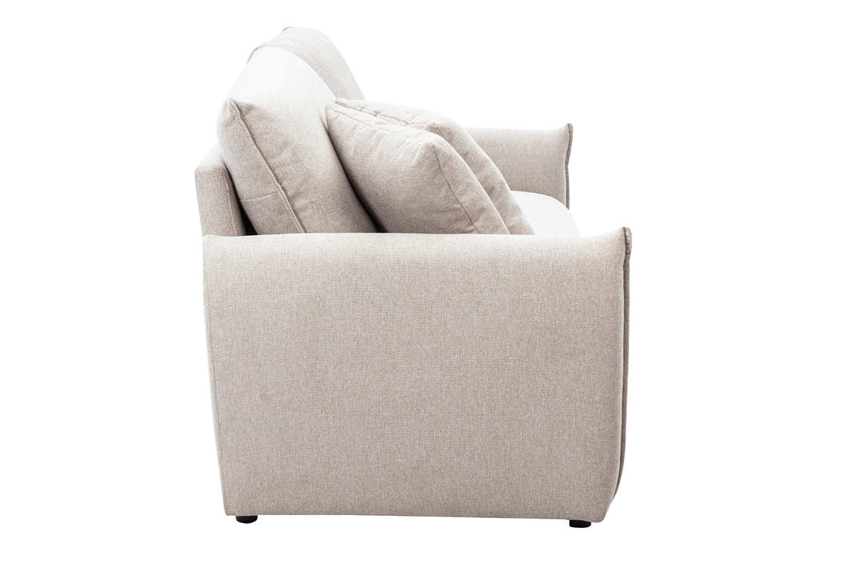 Canap� 3 places beige en tissu effet velours, vue de c�t�.