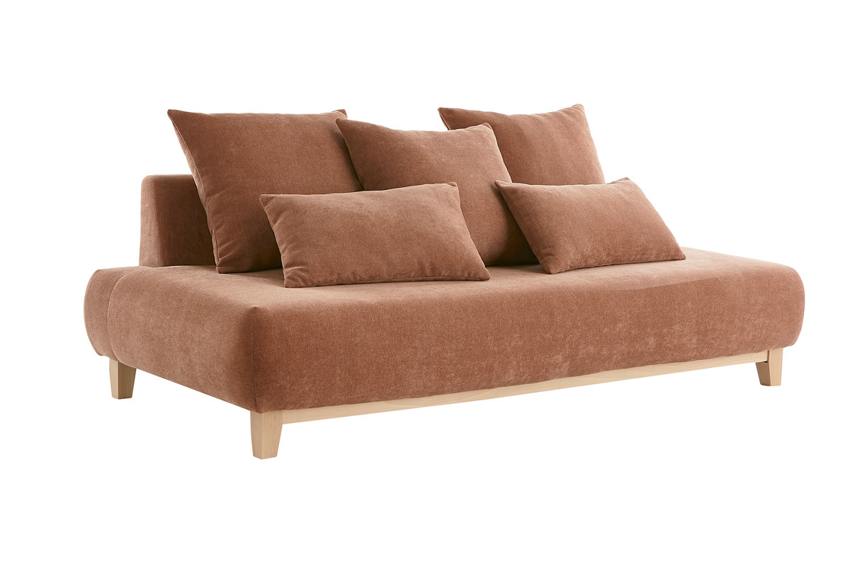 Canap� 3 places en tissu effet velours textur� terre br�l�e et bois clair L200 cm ODEON