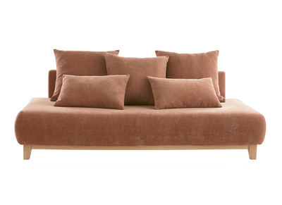 Canap&eacute; 3 places en tissu effet velours textur&eacute; terre br&ucirc;l&eacute;e et bois clair L200 cm ODEON