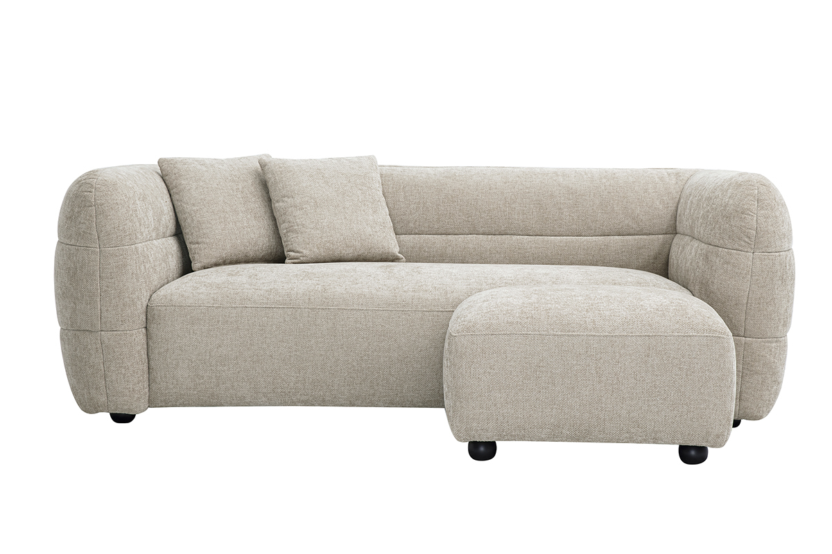 Canap� 3 places beige avec repose-pieds, en tissu effet velours textur�, vue de face.