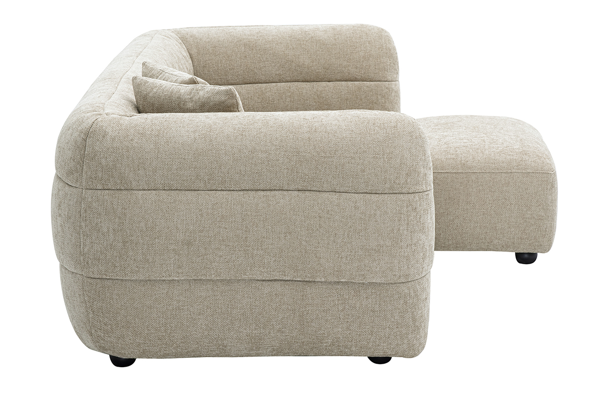 Canap� 3 places et repose-pieds effet velours beige, vue de profil.