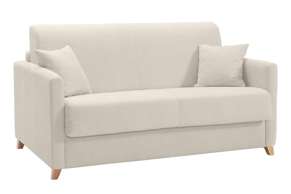 Canap� convertible 2-3 places en tissu beige et bois clair avec matelas 13 cm SKANDY