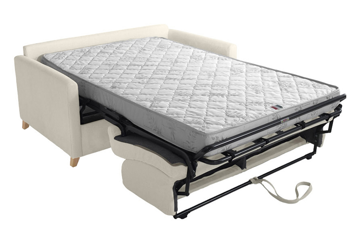 Canap� convertible 2-3 places en tissu beige et bois clair avec matelas 13 cm SKANDY