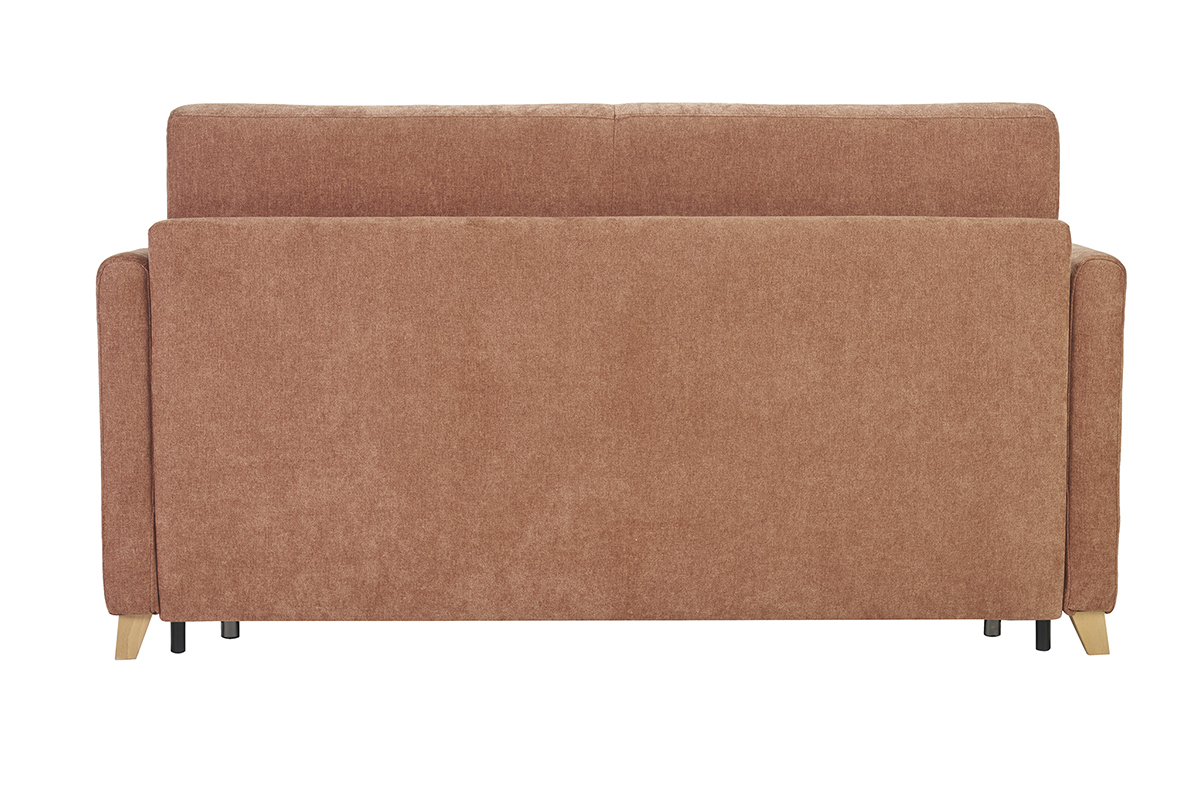 Vue arri�re d'un canap� en tissu velours terre br�l�e avec pieds en bois clair.