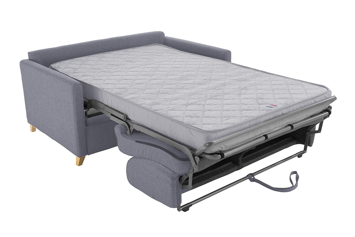Canap� convertible 2-3 places en tissu gris et bois clair avec matelas 13 cm SKANDY