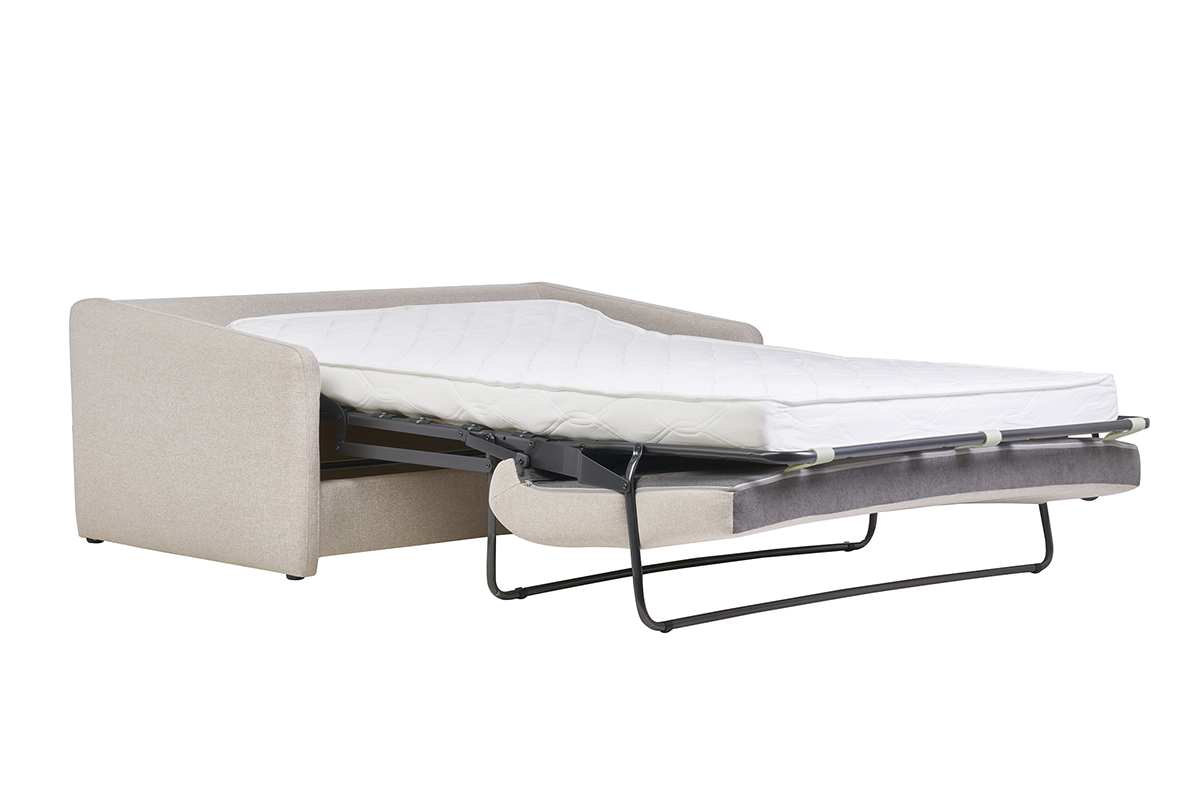 Canap� convertible 2 places en tissu beige en mode lit, vue de 3/4.