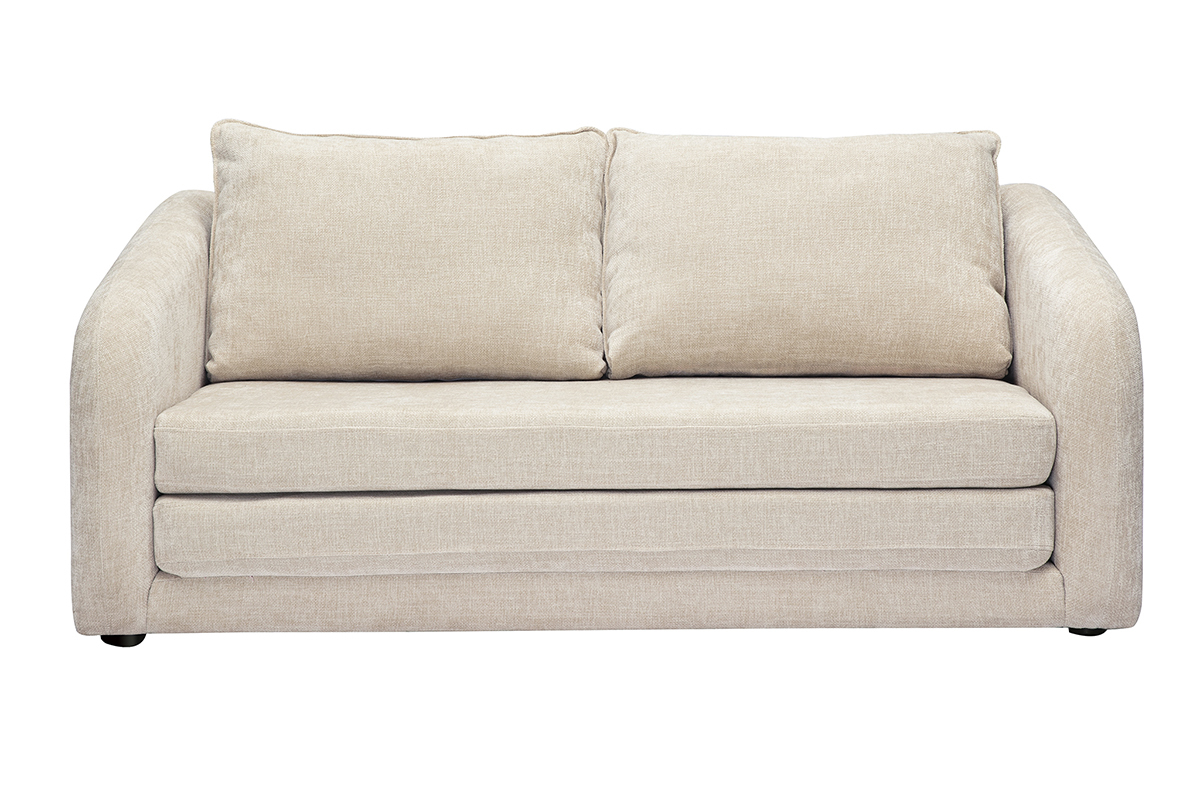 Canap� convertible 2 places en tissu beige, vue de face.