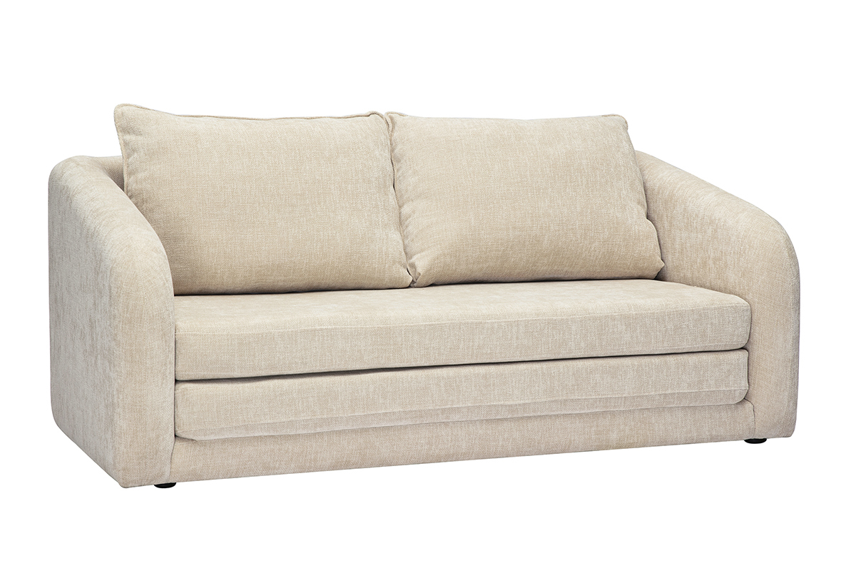 Canap� convertible 2 places en tissu effet velours beige avec coussins, vue de 3/4.