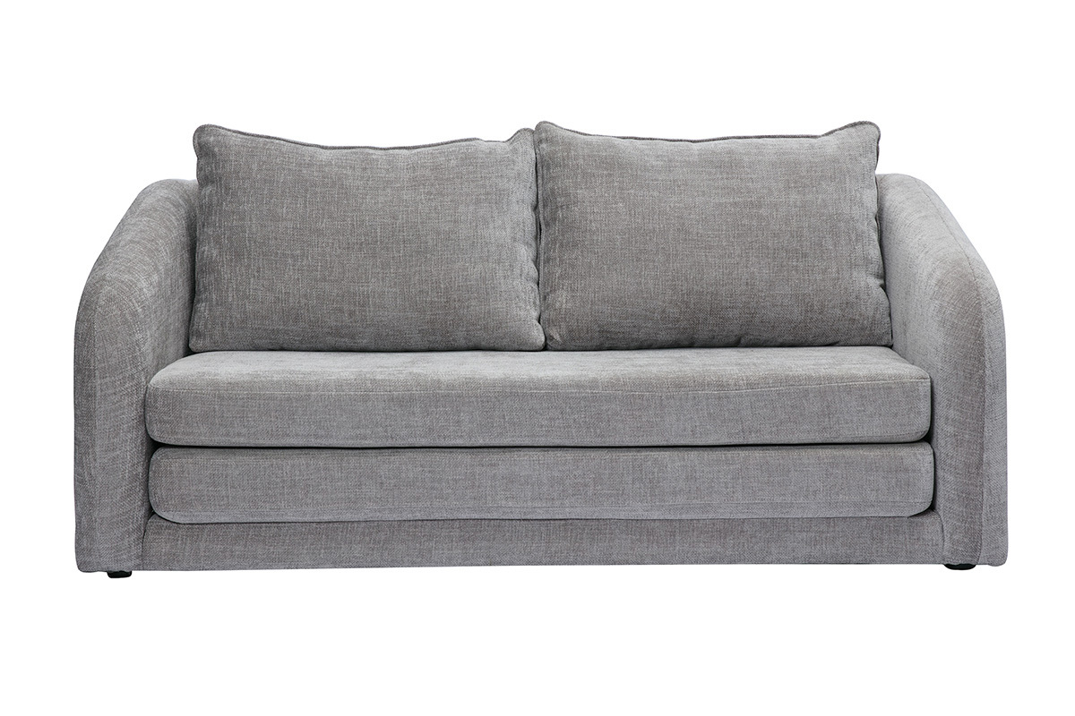 Canap� convertible 2 places gris en tissu effet velours, vue de face.