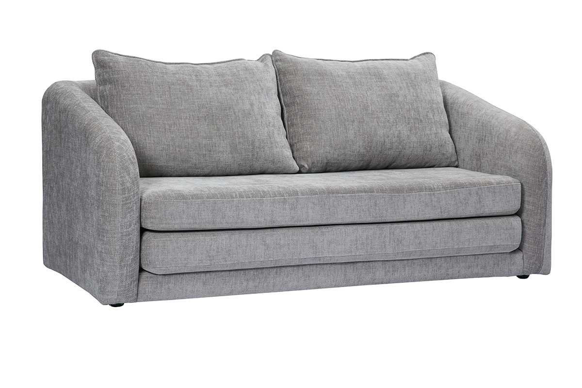 Canap� convertible 2 places gris en tissu effet velours, vue de 3/4.