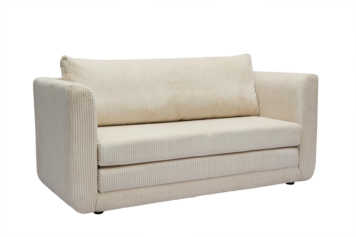 Canap� convertible 2 places en tissu velours c�tel� beige, vue de trois quarts