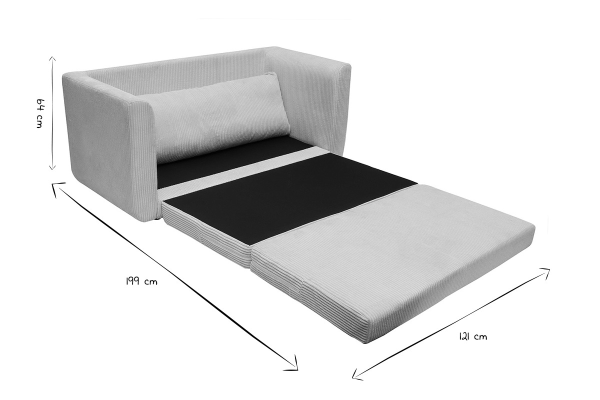Canap� convertible 2 places en tissu velours c�tel� beige, vue de profil avec dimensions indiqu�es.