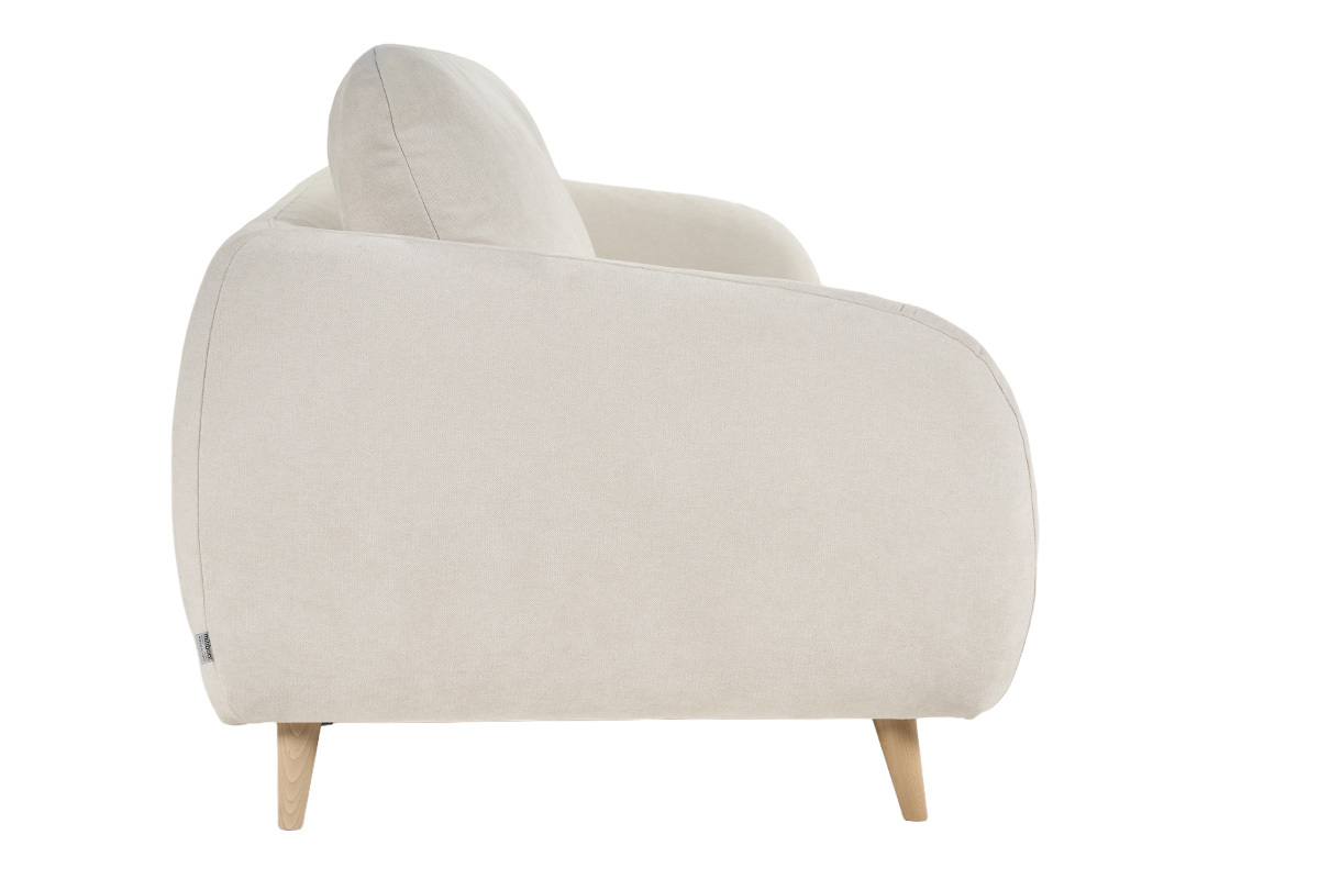 Canap� beige convertible vue de c�t�, effet velours, pieds en bois.