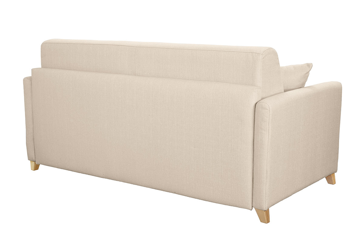 Canap� convertible 3 places en tissu beige et bois clair avec matelas 13 cm SKANDY
