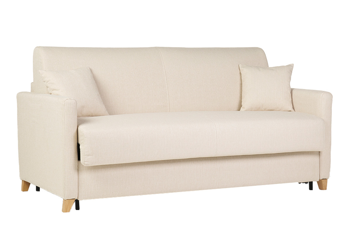 Canap� convertible 3 places en tissu beige et bois clair avec matelas 18 cm SKANDY
