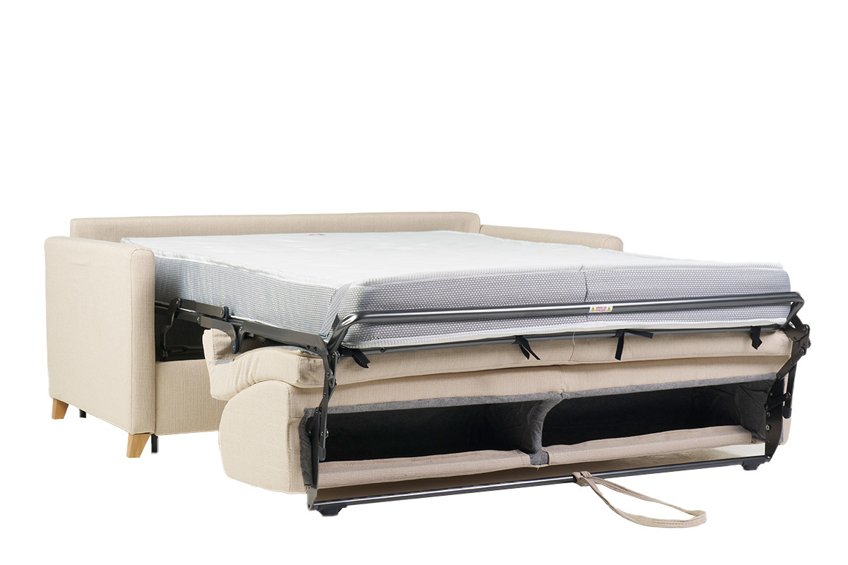 Canap� convertible 3 places en tissu beige et bois clair avec matelas 18 cm SKANDY