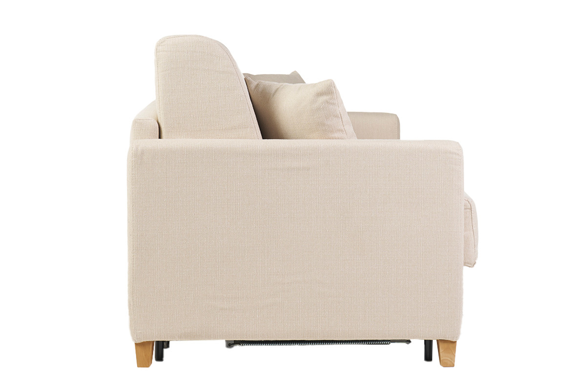 Canap� convertible 3 places en tissu beige et bois clair avec matelas 18 cm SKANDY