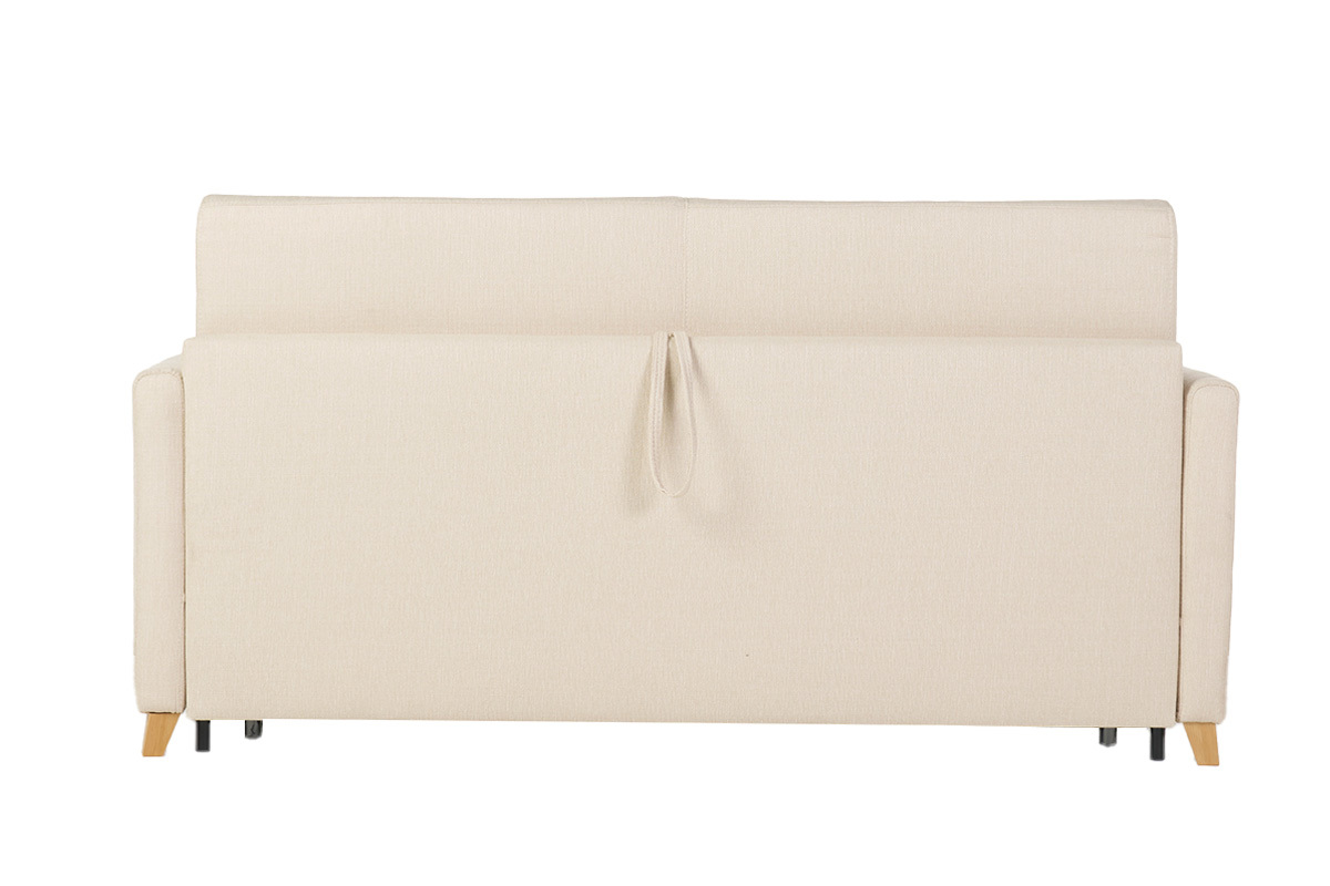 Canap� convertible 3 places en tissu beige et bois clair avec matelas 18 cm SKANDY