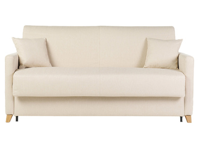 Canap&eacute; convertible 3 places en tissu beige et bois clair avec matelas 18 cm SKANDY