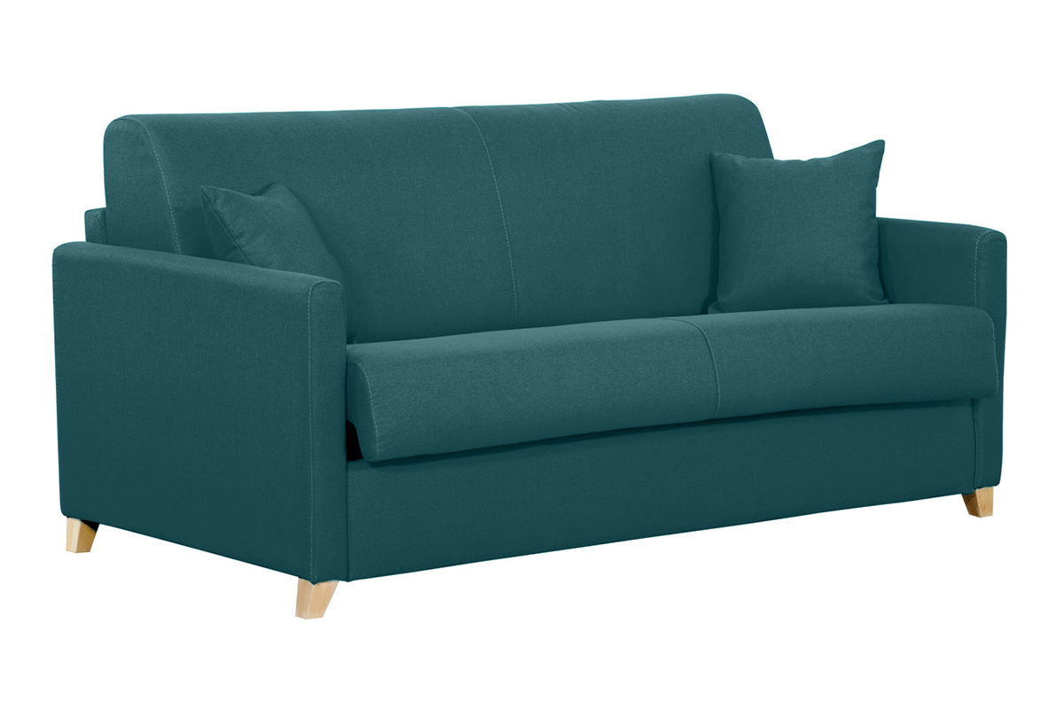 Canap� convertible 3 places en tissu bleu canard, vue de 3/4, pieds en bois clair.