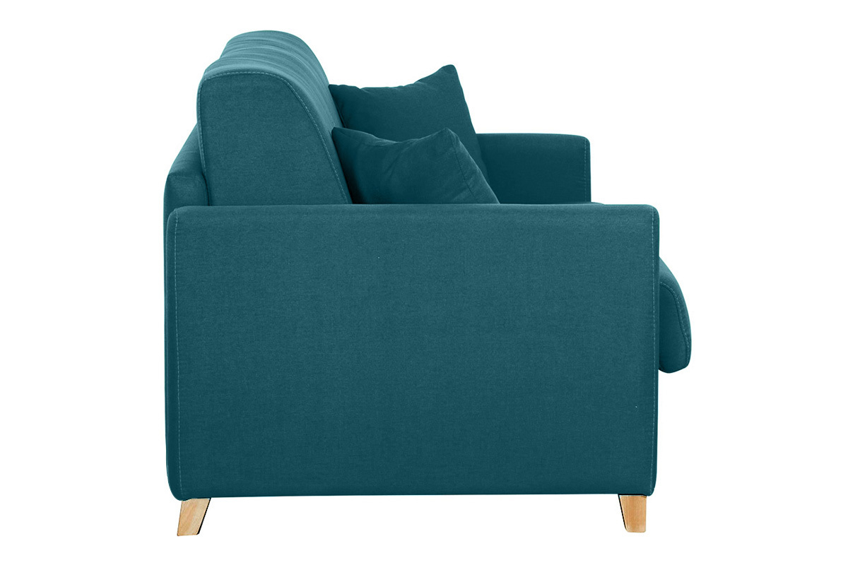 Canap� convertible 3 places en tissu bleu canard, vue de c�t�.