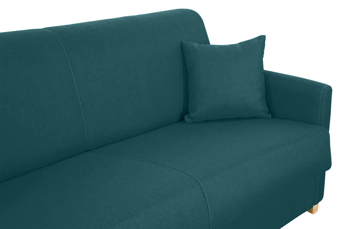 Canap� convertible bleu canard avec coussin, vue de c�t�.