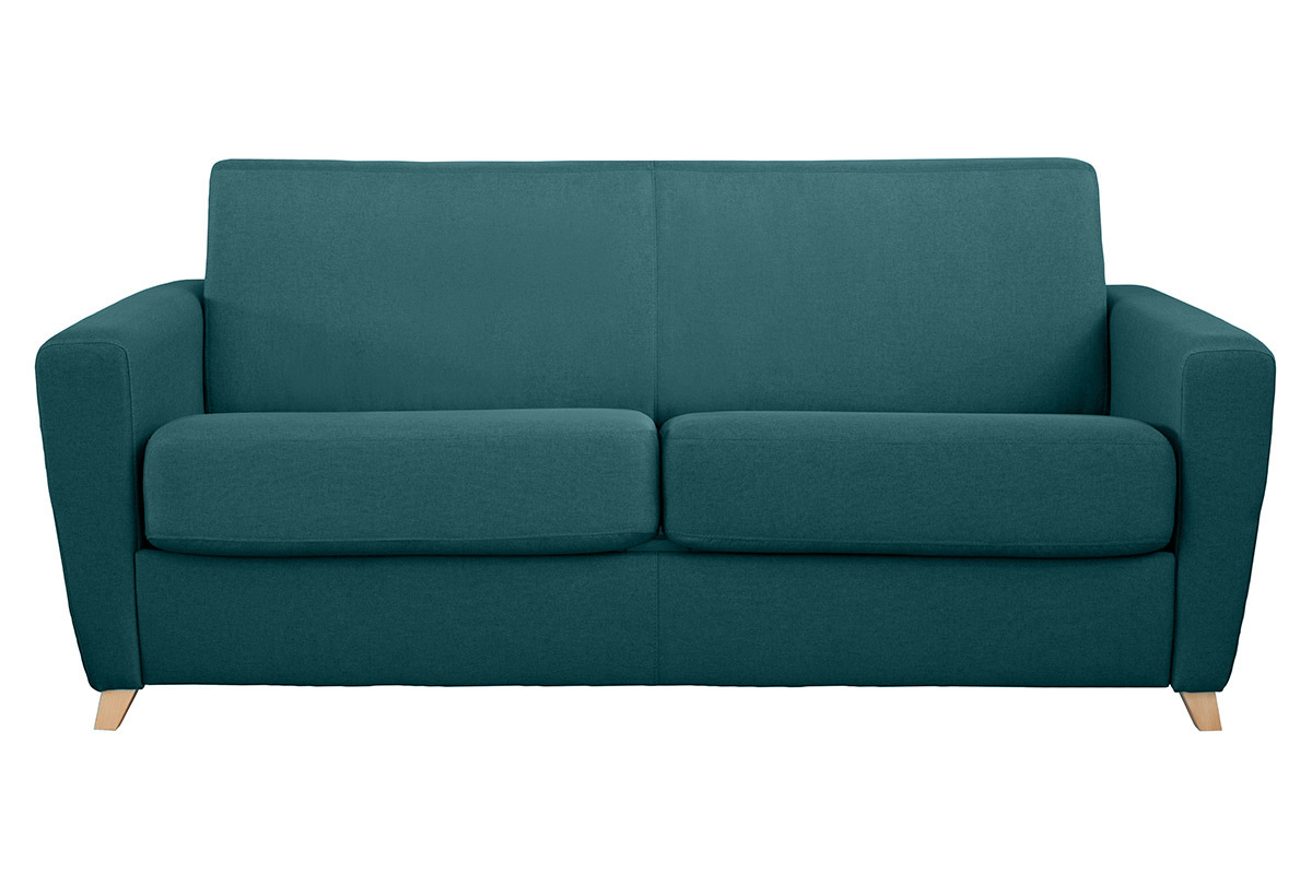Canap� convertible 3 places, tissu bleu canard, pieds bois clair, vue de face.