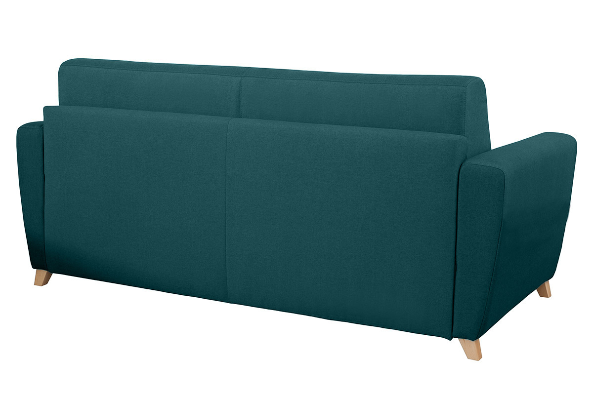 Canap� convertible bleu canard 3 places, vue arri�re, pieds en bois clair.